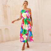 Elegant Slim Printed Dress Off Neck Slit Belt Dress